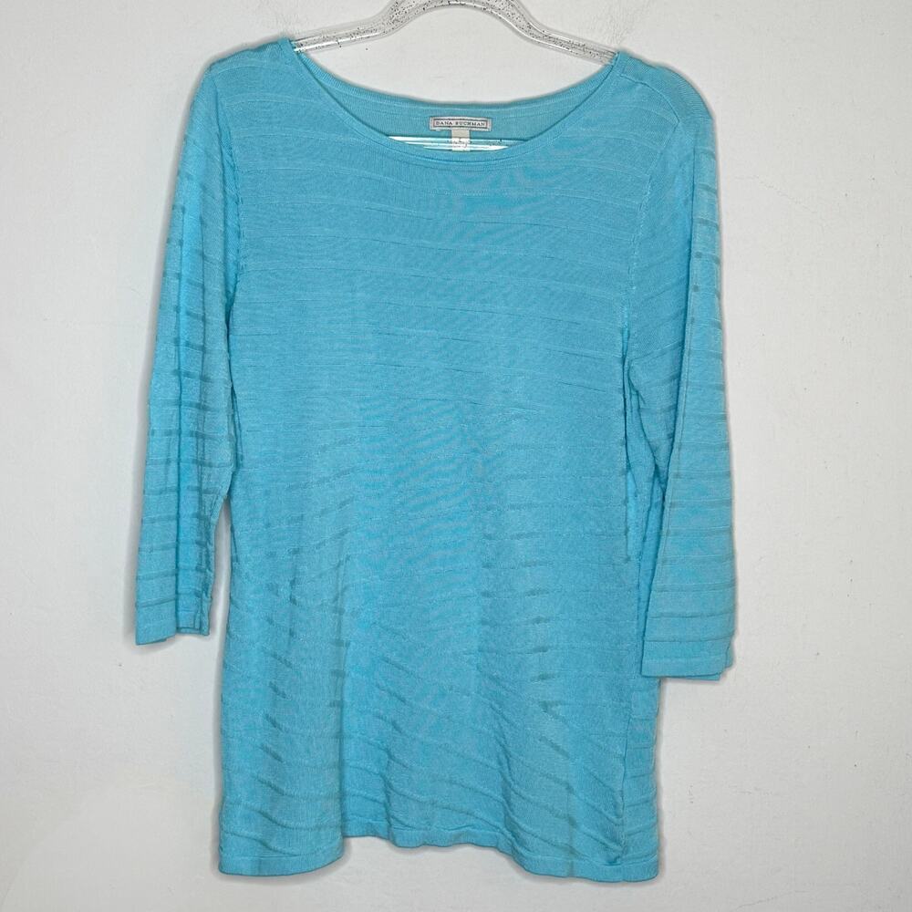 Dana Buchman Large Aqua Ribbed Knit 3/4 Sleeve Top Cotton Rayon Casual